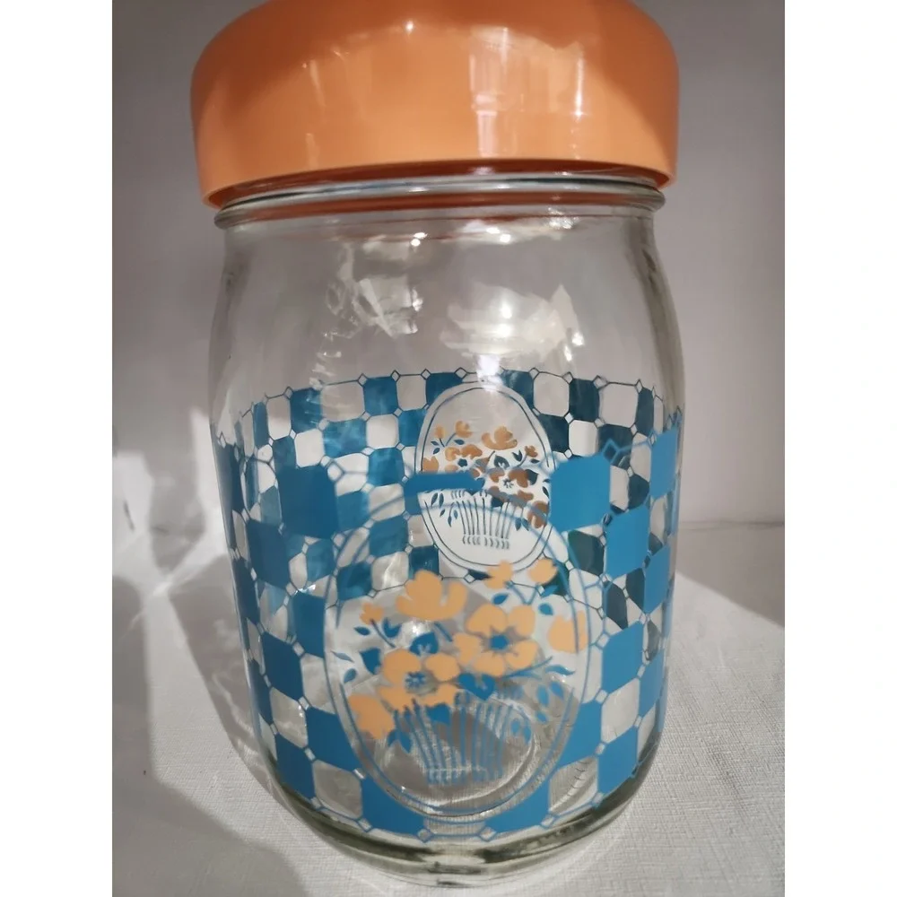 Vintage Carlton Glass Jar With Blue Checkered Pattern And Floral Design‎